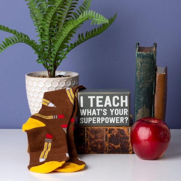 NWT Primitives By Kathy Box Sign & Sock Set - I Teach Your Superpower? - Picture 2 of 2